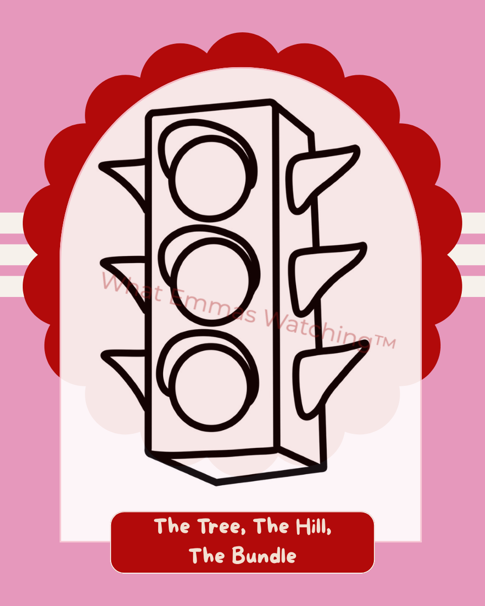Illustration of a traffic light with spikes on a pink background, featuring the text 'What弥漫's Watching'.