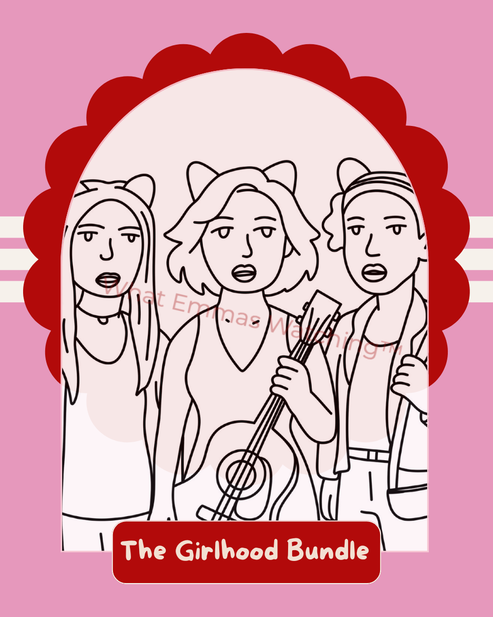 Illustration of three women with a guitar on a pink background, featuring the text 'The Girlhood Bundle'.