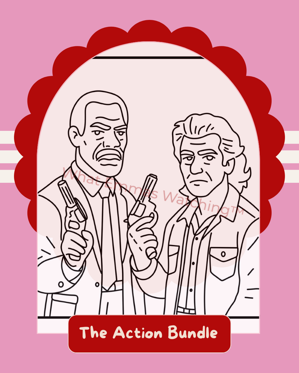 Illustration of two characters holding guns with a pink border and text 'The Action Bundle' on a pink background.
