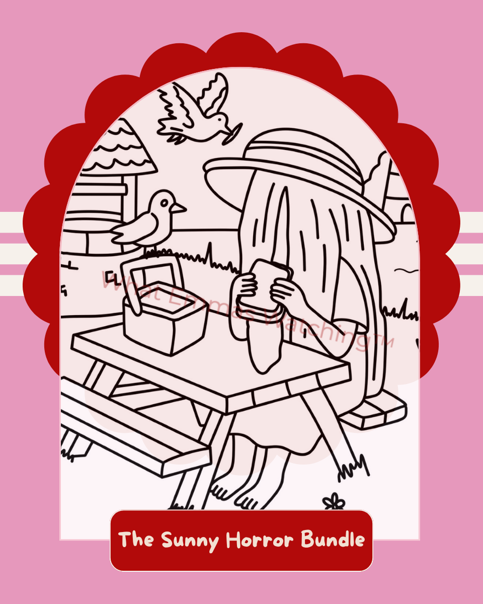 Illustration of a person sitting at a picnic table with a red border and 'The Sunny Horror Bundle' text on a pink background.
