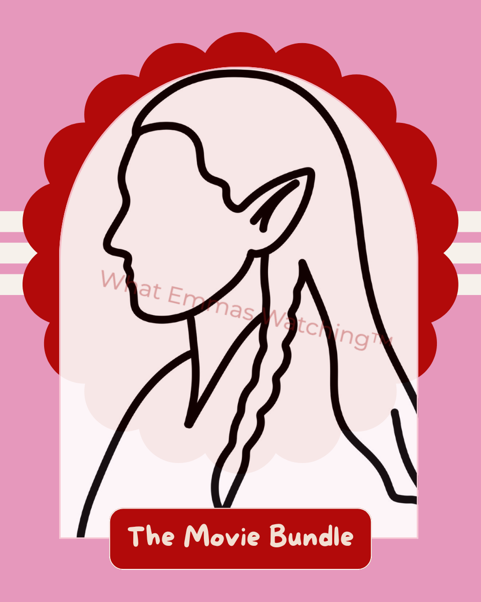 Outline of a character with long hair and pointed ears on a pink background with text 'What Emma Has Watching' and 'The Movie Bundle'.