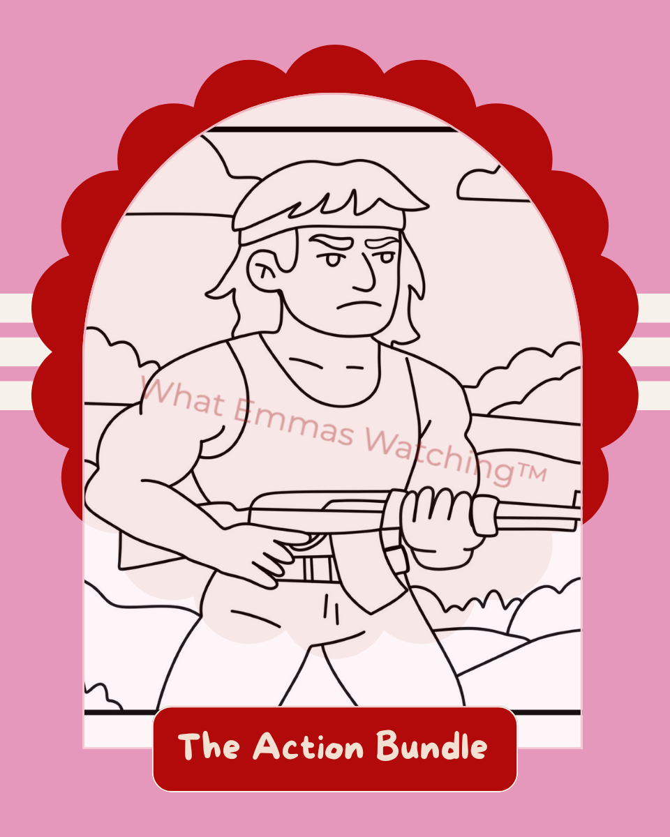 Illustration of a character holding a weapon on a pink background with text overlay.