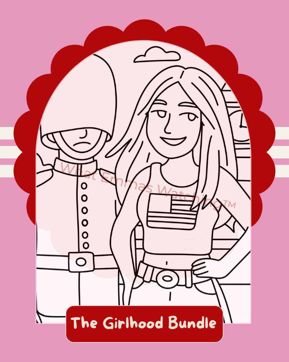 Illustration of a girl with a uniform and an American flag shirt on a pink background with red decorative elements.