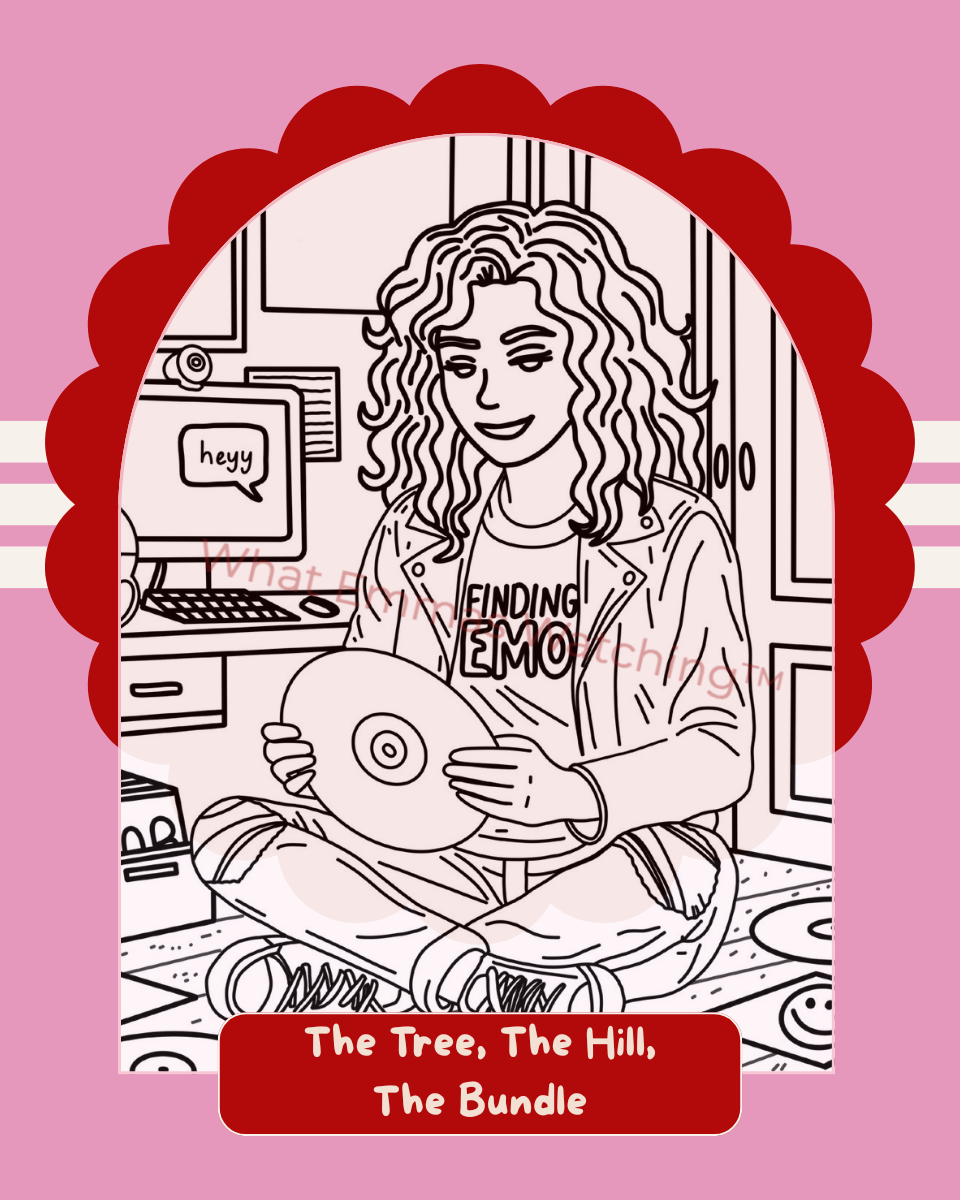 Illustration of a person holding a record with 'Finding Emo' shirt, surrounded by a red decorative border on a pink background.