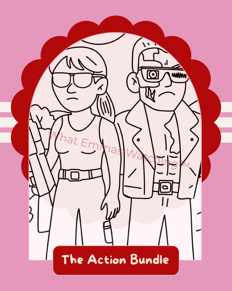 Cartoon characters with a red border and 'The Action Bundle' text on a pink background