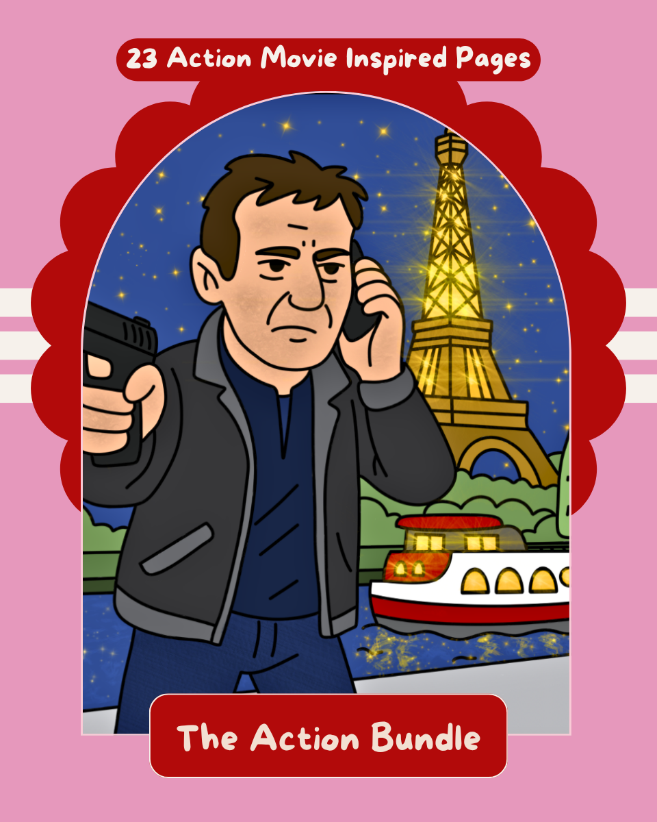 Book cover with a man on a phone, gun, Eiffel Tower, and boat illustration against a pink background.