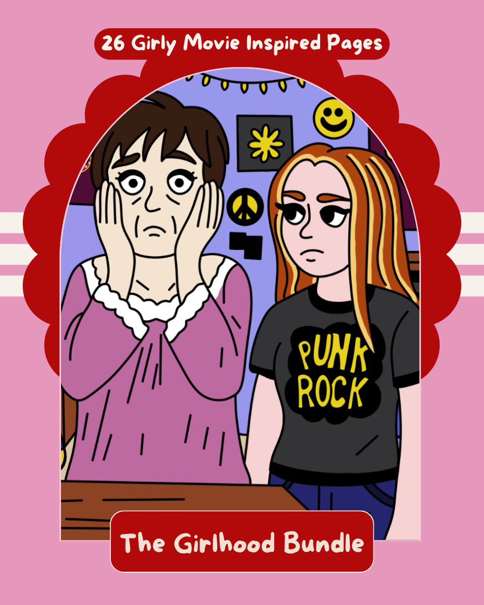 Cover of 'The Girlhood Bundle' with two animated characters and text on a pink background.