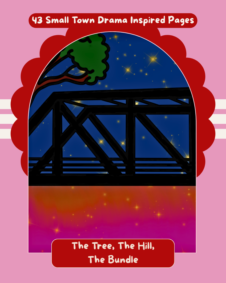 Book cover with a silhouette of a tree and bridge against a starry night sky, on a pink background.