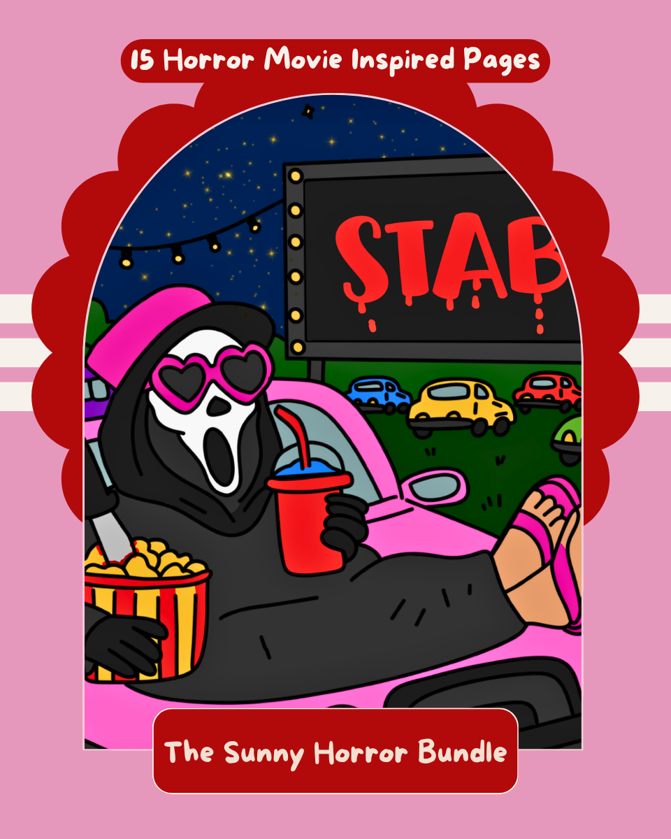 Book cover with a cartoon character watching a movie under a 'STAB' sign, on a pink background.