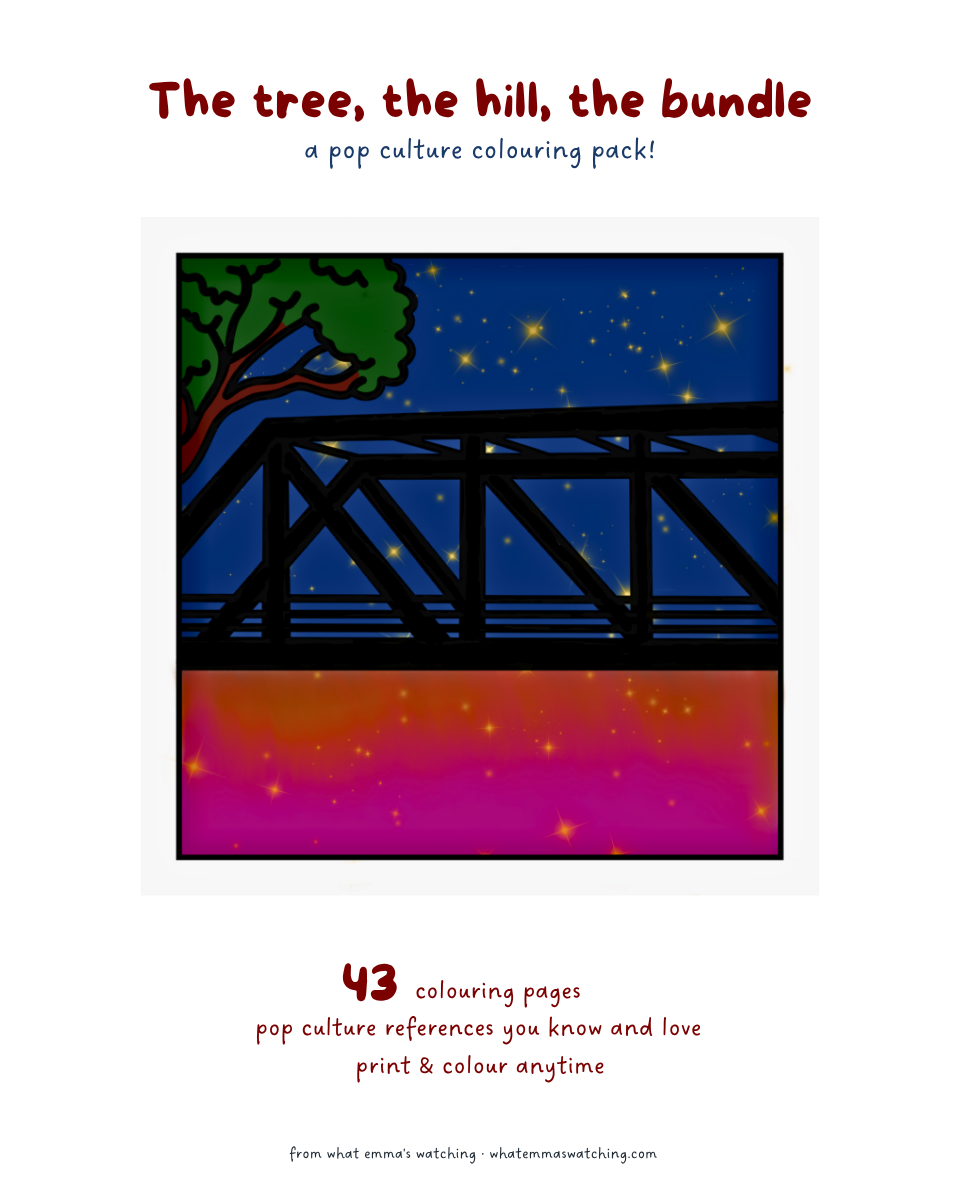 Cover of a pop culture coloring pack with a bridge and tree illustration.