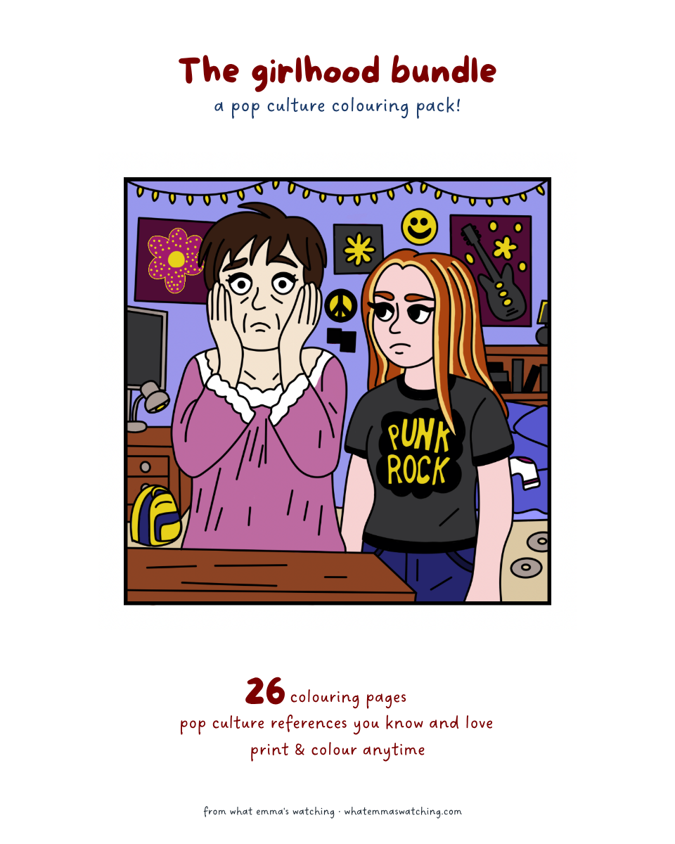 Cover of 'The girlhood bundle' coloring pack with two cartoon characters in a room.