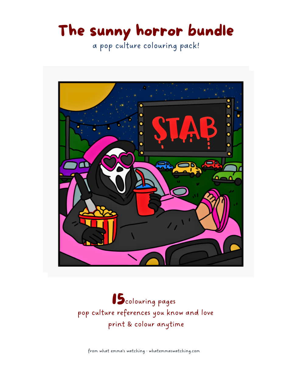 Coloring book cover with a character in a pink car at a drive-in movie theater, featuring the word 'STAB'.