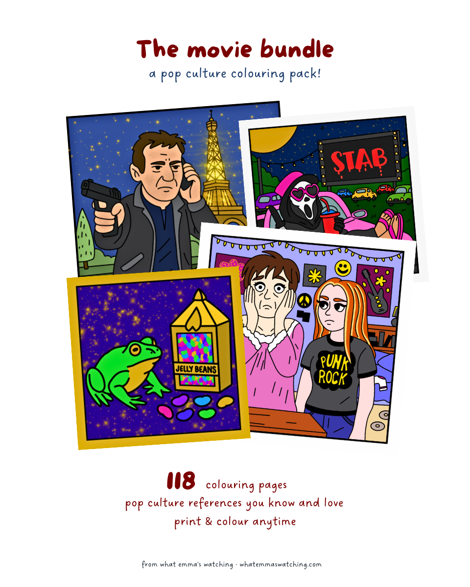 Coloring book cover with pop culture illustrations and text 'The movie bundle'.