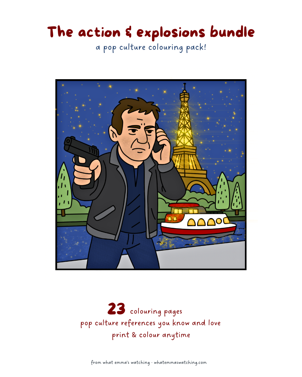Coloring book cover with a man holding a gun and Eiffel Tower in the background, titled 'The action & explosions bundle'.