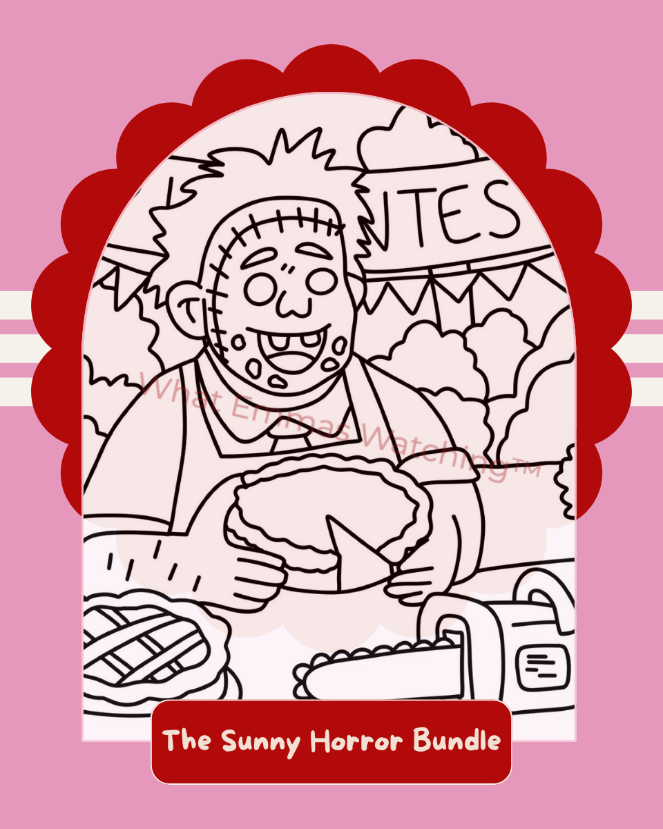 Illustration of a character with text 'SANTES' on a pink background, featuring the 'The Sunny Horror Bundle' branding.