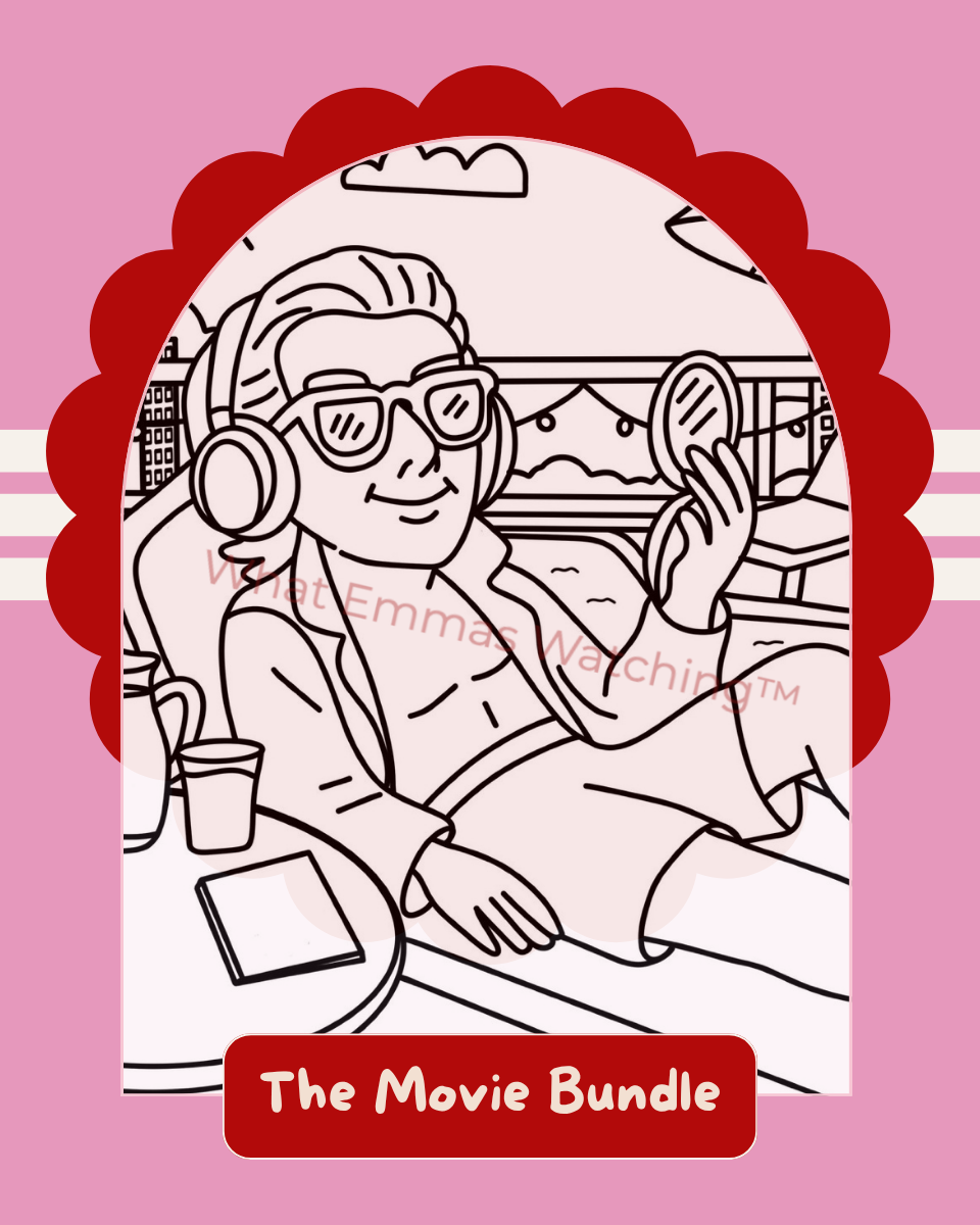 Illustration of a person watching a movie with headphones on, set against a pink background with a red border.