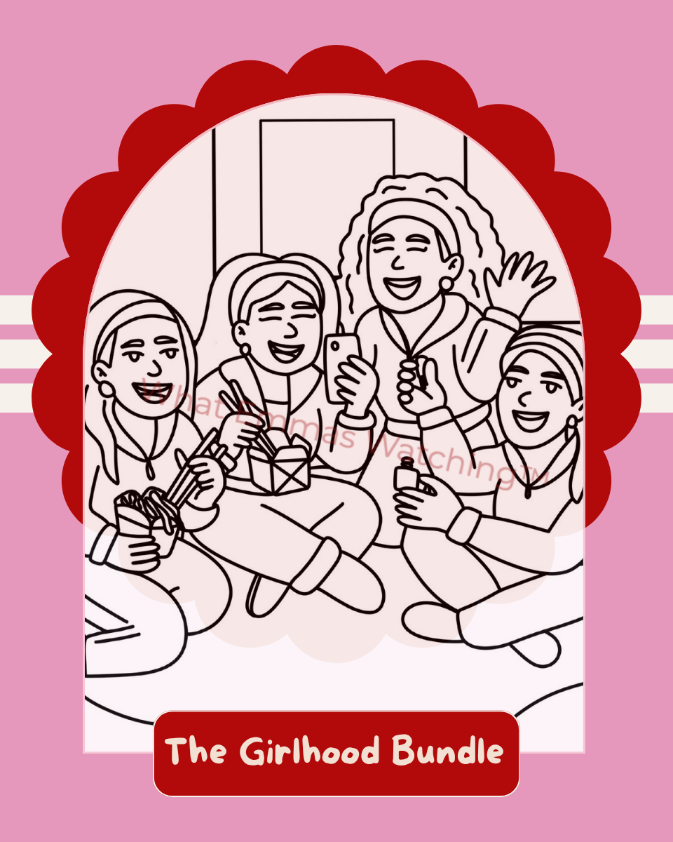 Illustration of four people sitting together with a red border and text on a pink background