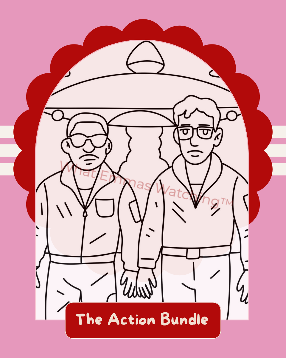 Illustration of two people holding hands with a pink border and 'The Action Bundle' text.