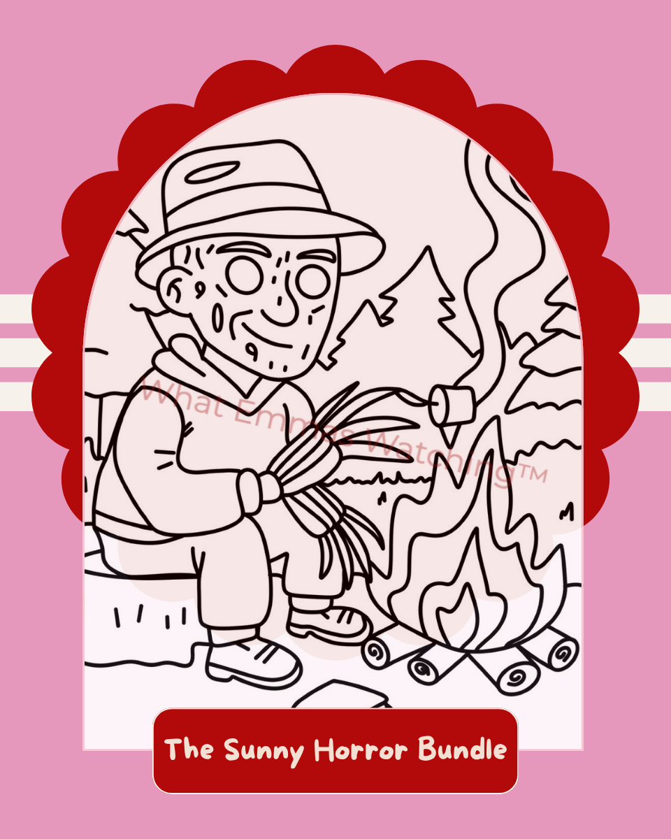 Illustration of a character with a hat and backpack by a campfire on a pink background with red border, featuring 'The Sunny Horror Bundle' text.