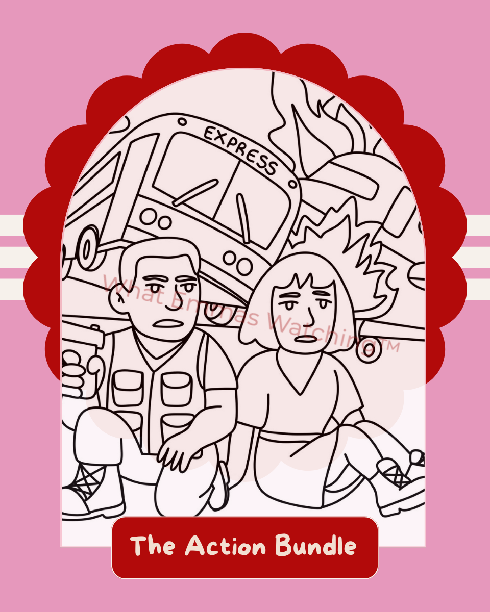 Illustration of two characters in front of a truck with 'Express' on a pink background, labeled 'The Action Bundle'.