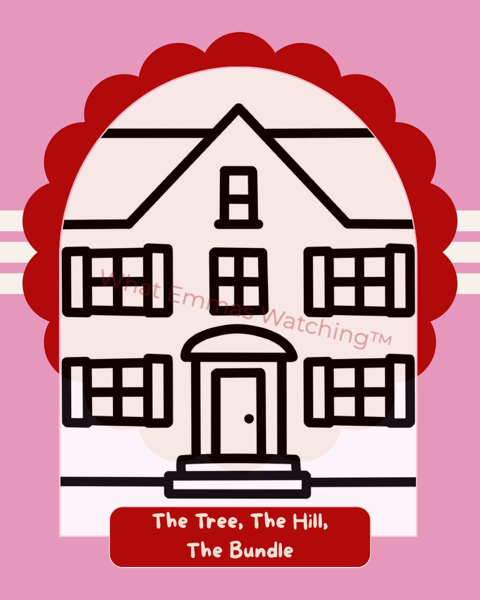 Illustration of a house with 'The Tree, The Hill, The Bundle' text on a pink background