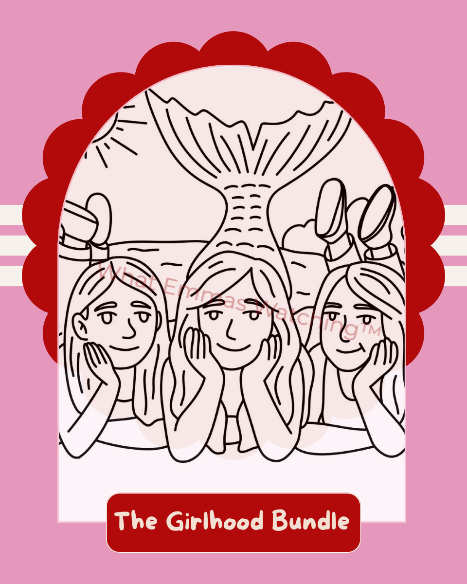Illustration of three women with mermaid tails on a pink background with 'The Girlhood Bundle' text.