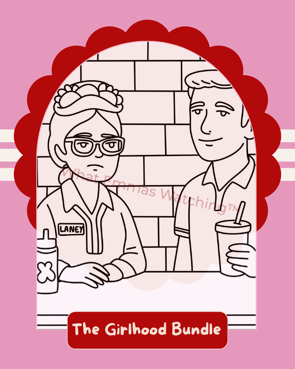 Cartoon illustration of two people sitting at a counter with a pink border and text overlay.