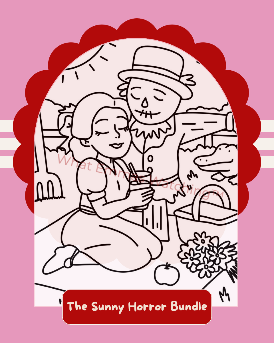 Illustration of a woman and skeleton holding hands with a pink border and text overlay on a pink background
