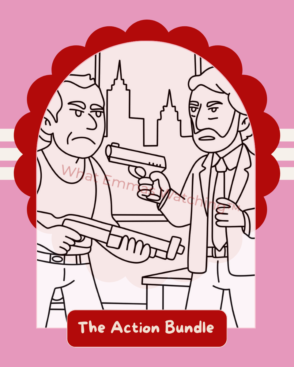 Cartoon illustration of two men with guns on a pink background, labeled 'The Action Bundle'.