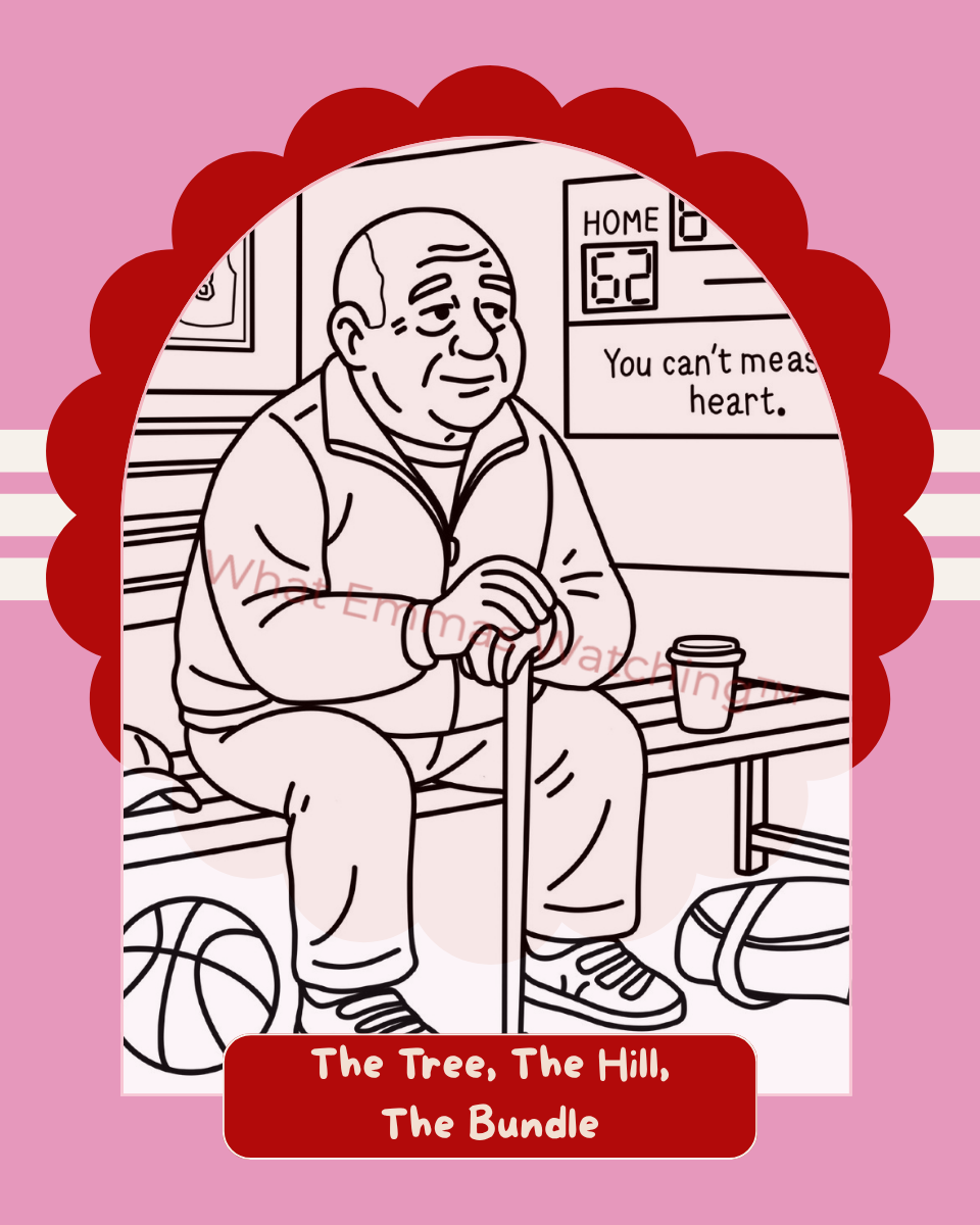 Cartoon of an elderly man sitting with a cane on a pink background, featuring text and a basketball.