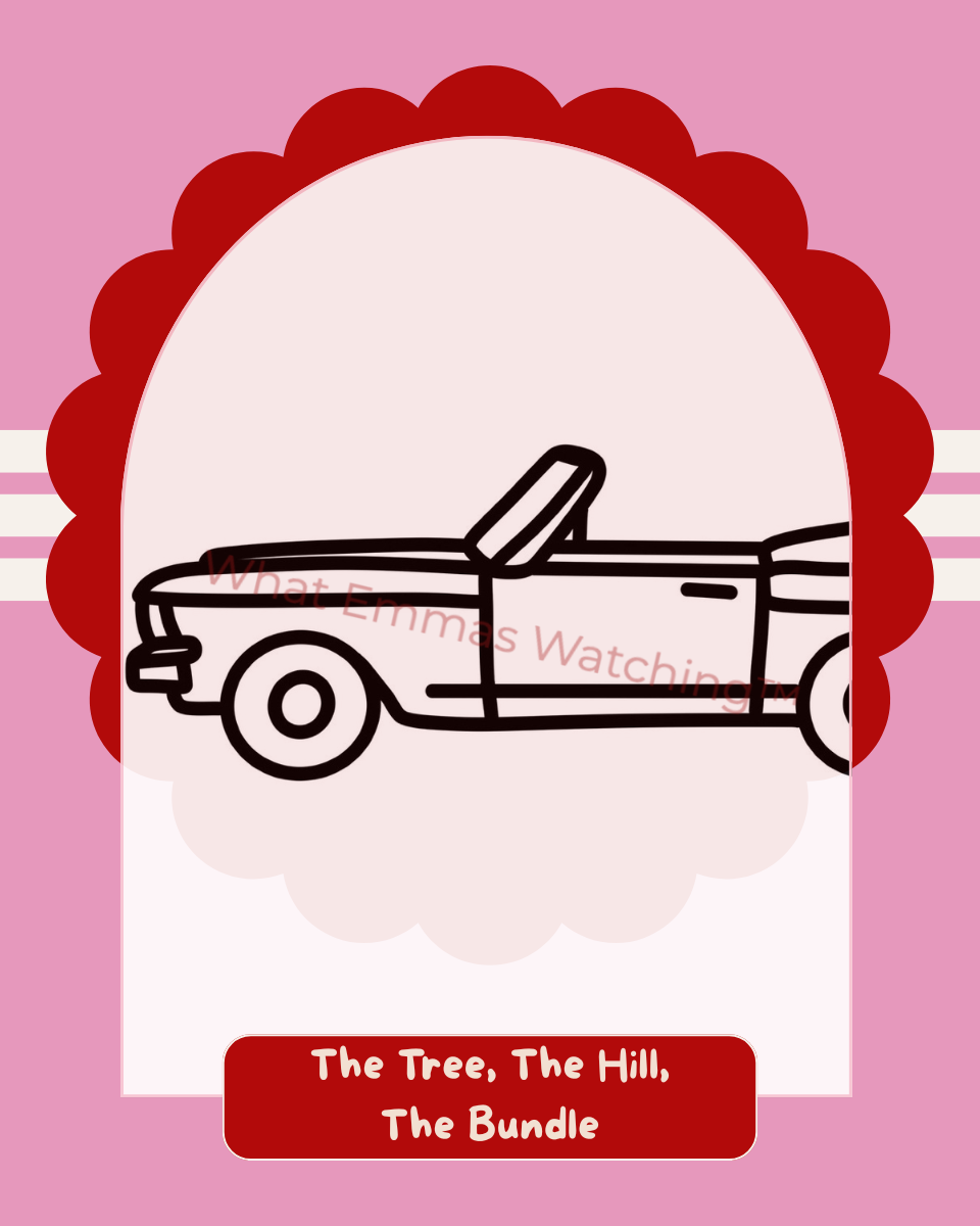 Vintage car illustration on a pink background with text overlay