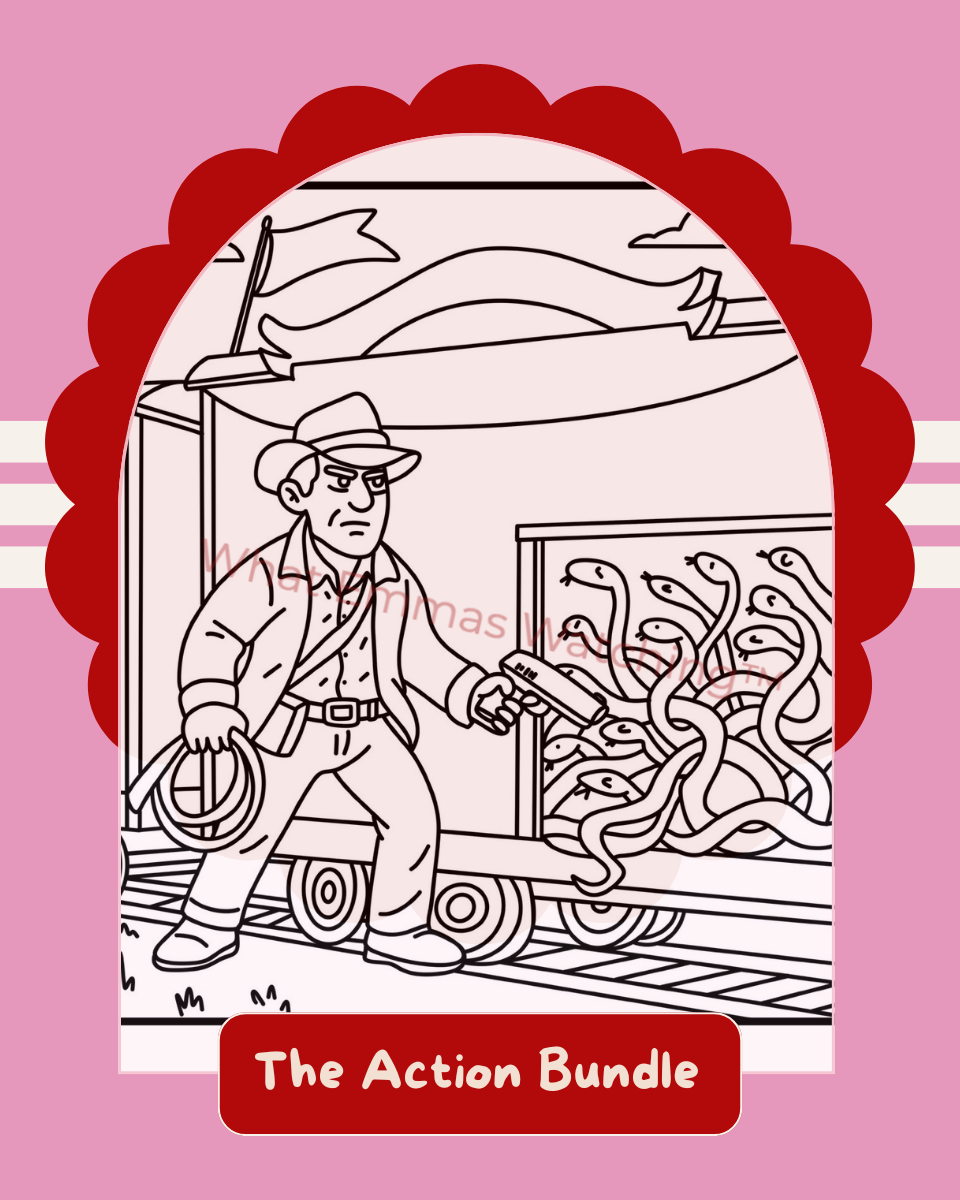Illustration of a man with snakes on a pink background, labeled 'The Action Bundle'.