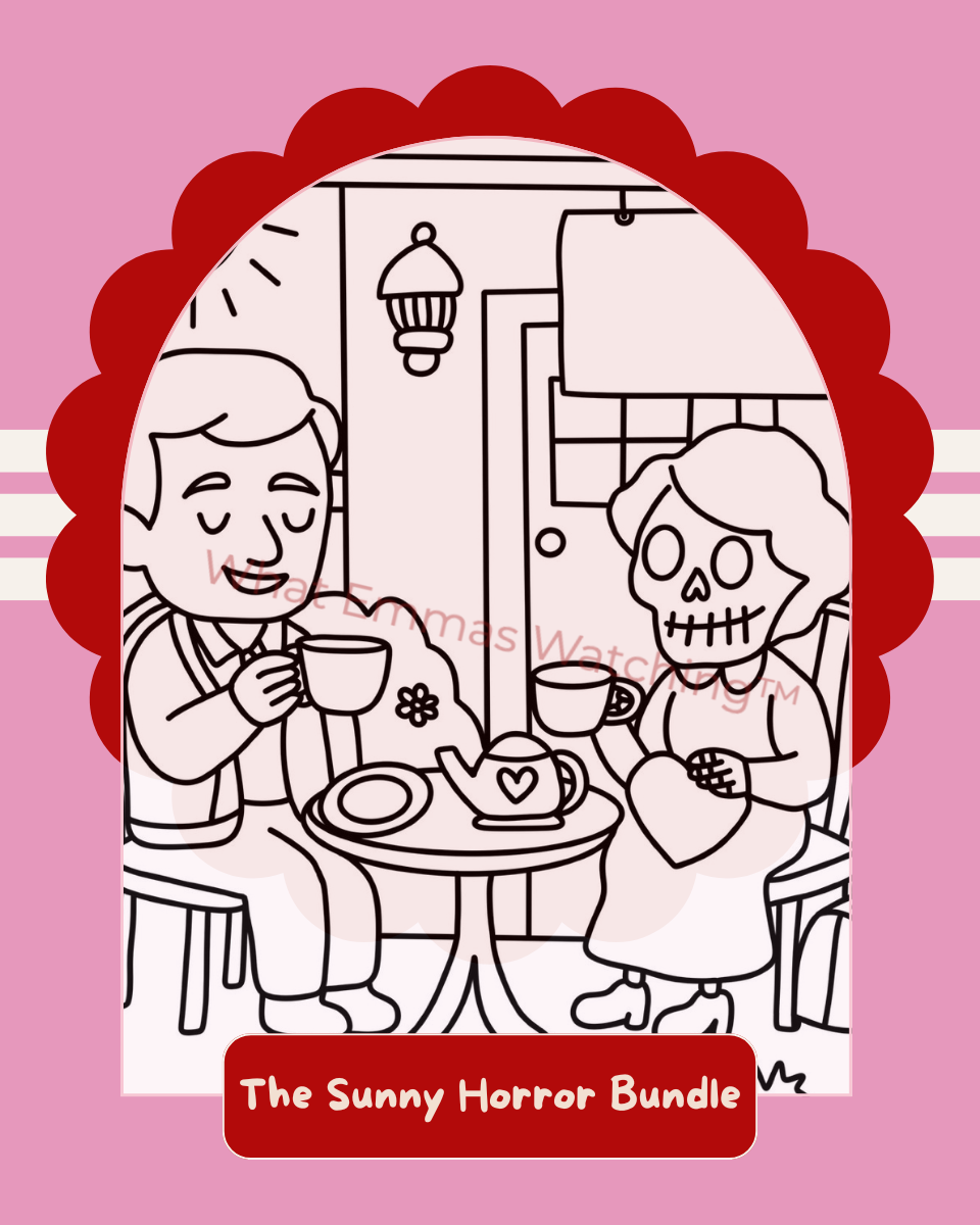 Illustration of a skeleton and a person having tea together with 'The Sunny Horror Bundle' text on a pink background.