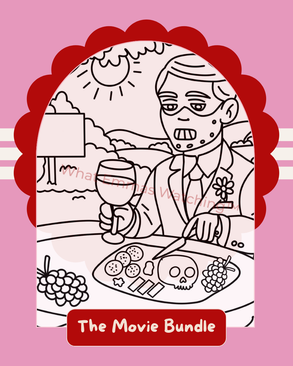 Illustration of a character holding a wine glass with a skull on a plate, set against a pink background with decorative elements.