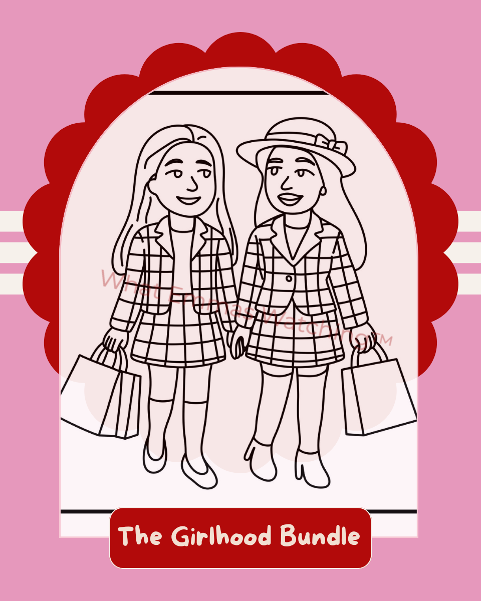 Illustration of two girls in plaid outfits with a pink border and 'The Girlhood Bundle' text.