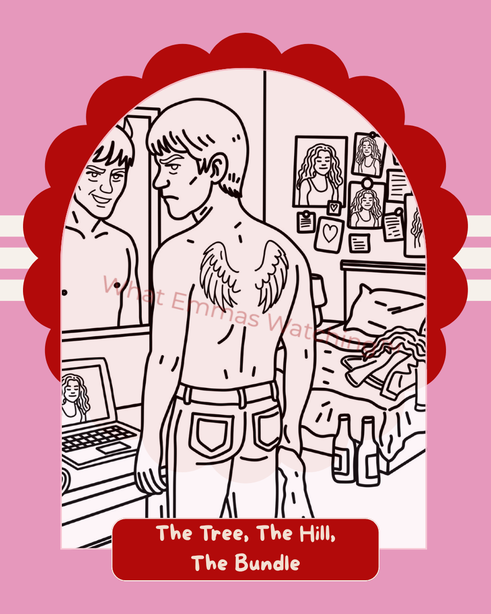 Illustration of a person with tattoos in a room with a laptop and bottles, on a pink background.
