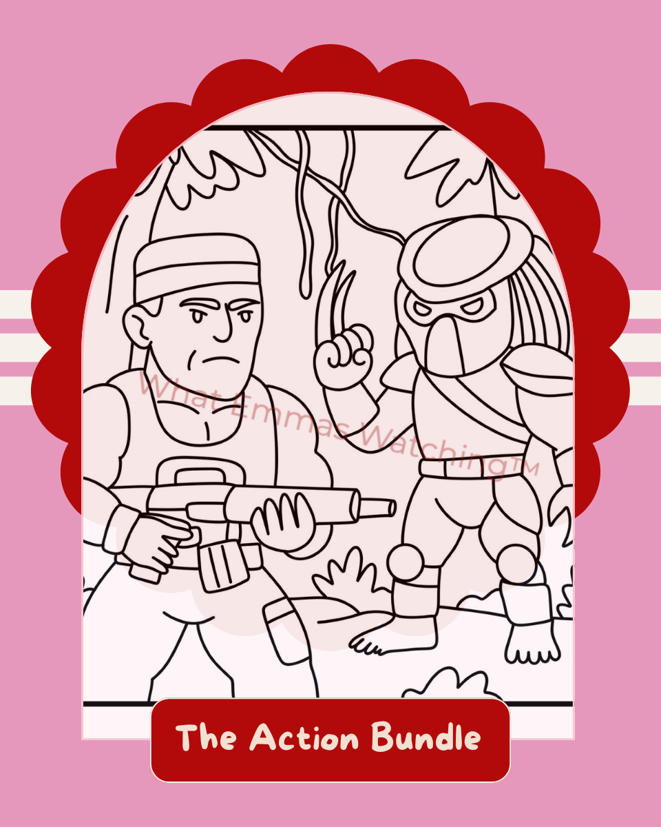 Cartoon characters with a weapon on a pink background, labeled 'The Action Bundle'.