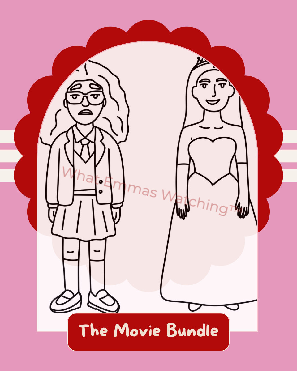 Cartoon characters in school uniform and wedding dress on a pink background with text 'What I'm Watching' and 'The Movie Bundle'.