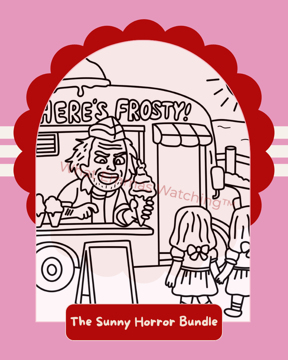 Cartoon ice cream vendor and girl with 'Here's Frosty!' sign on pink background