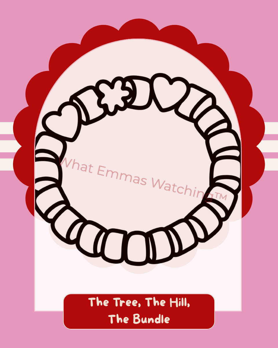 Bracelet design with hearts and stars on a pink background with text 'What Emmas Watching' and 'The Tree, The Hill, The Bundle'.