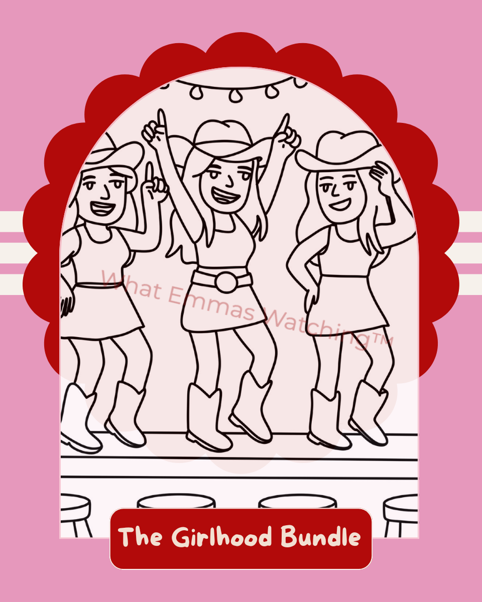 Cartoon illustration of three girls in cowboy hats and boots on a pink background with 'The Girlhood Bundle' text.