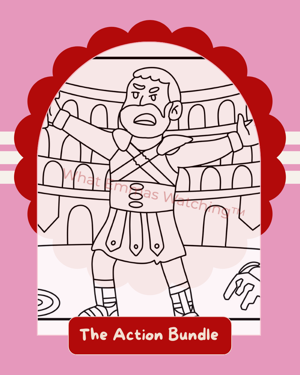 Cartoon Roman soldier coloring book with Colosseum illustration on a pink background