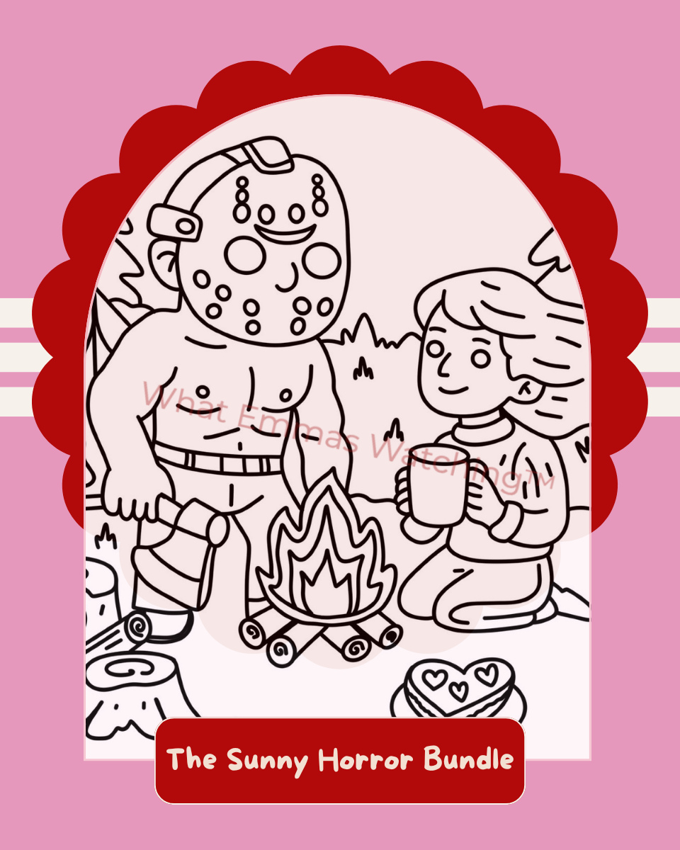 Illustration of a character with a cookie head and another character holding a mug by a campfire, on a pink background with 'The Sunny Horror Bundle' text.