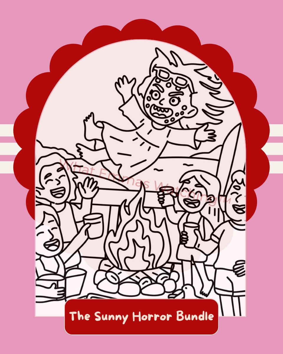 Illustration of people around a campfire with a creature above, on a pink background with red border.