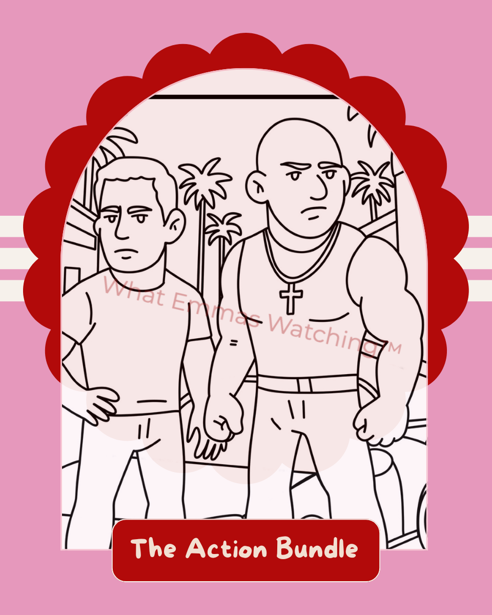 Cartoon illustration of two characters with a red border and text on a pink background