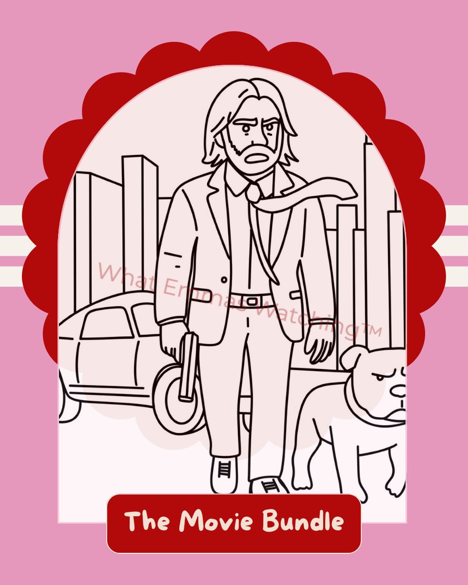 Illustration of a character in a suit with a dog, on a pink background with text 'The Movie Bundle'.